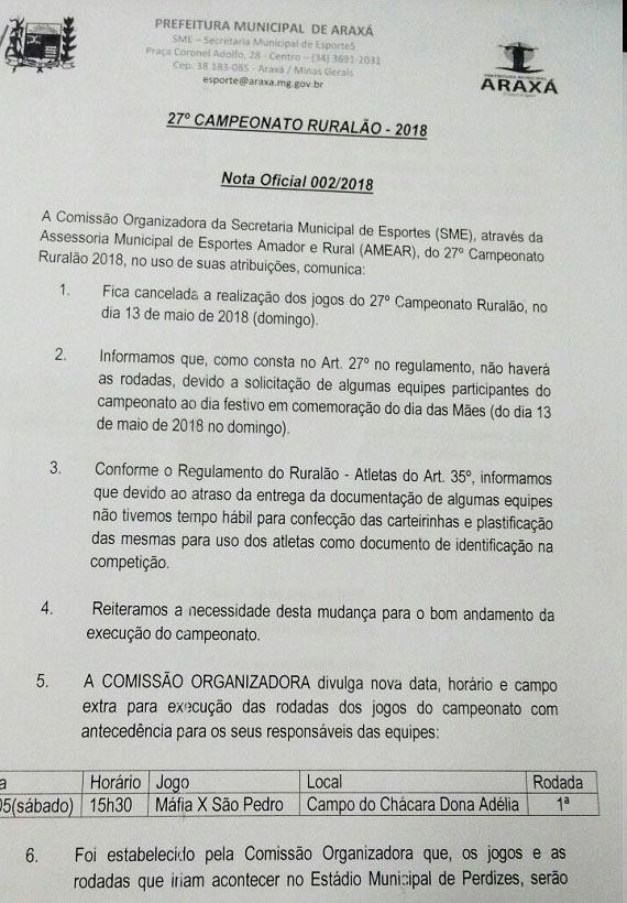 Nota Oficial - adia jogos Ruralão